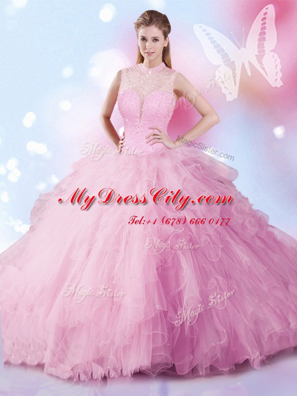 Customized Rose Pink Sleeveless Tulle Lace Up Quinceanera Gowns for Military Ball and Sweet 16 and Quinceanera