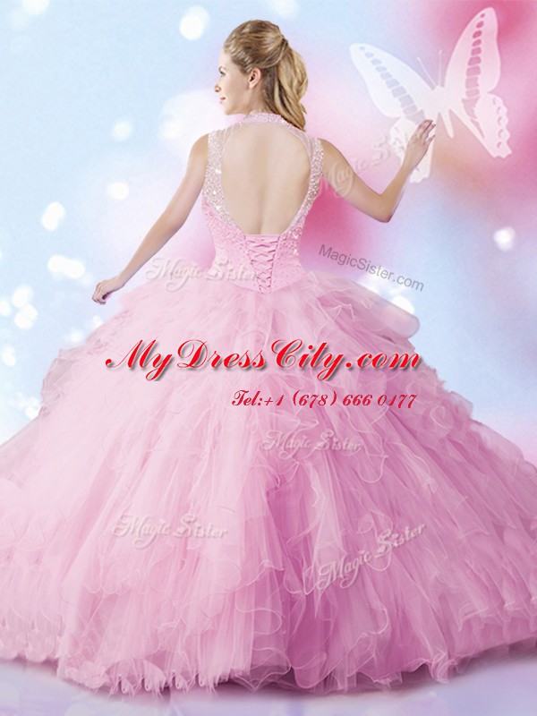 Customized Rose Pink Sleeveless Tulle Lace Up Quinceanera Gowns for Military Ball and Sweet 16 and Quinceanera