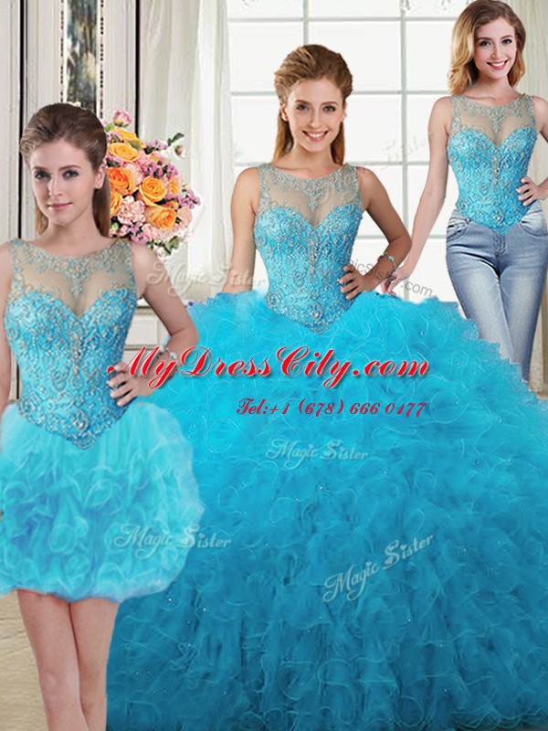 Three Piece Baby Blue Scoop Lace Up Beading and Ruffles Ball Gown Prom Dress Sleeveless