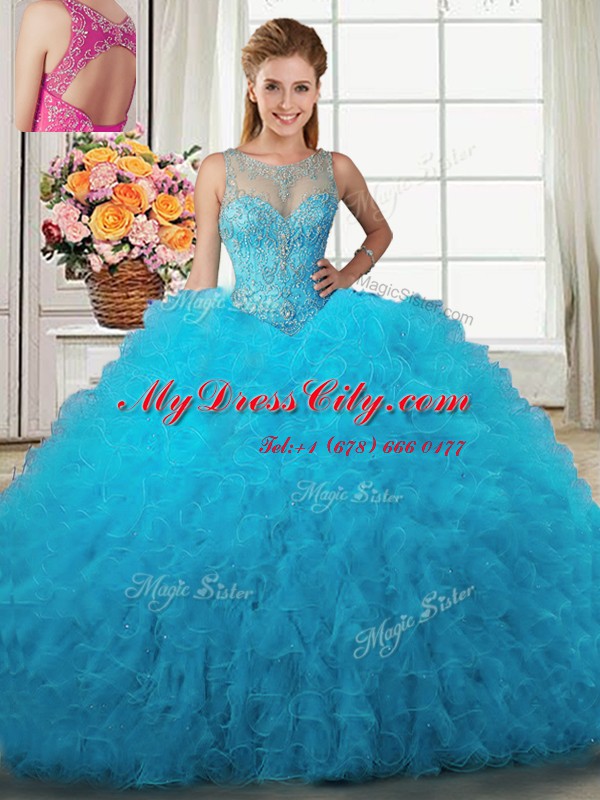 Three Piece Baby Blue Scoop Lace Up Beading and Ruffles Ball Gown Prom Dress Sleeveless