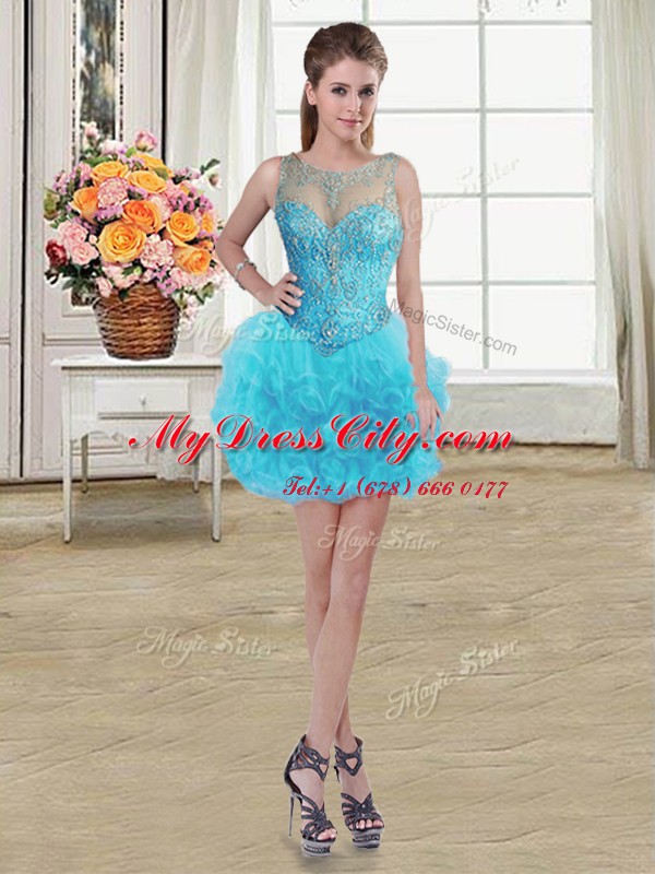 Three Piece Baby Blue Scoop Lace Up Beading and Ruffles Ball Gown Prom Dress Sleeveless