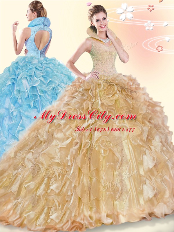 Captivating Sleeveless Brush Train Backless Beading and Ruffles Sweet 16 Quinceanera Dress