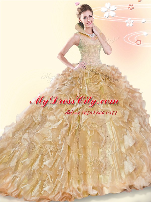 Captivating Sleeveless Brush Train Backless Beading and Ruffles Sweet 16 Quinceanera Dress