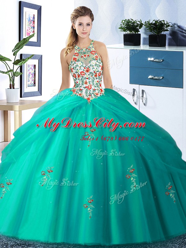 Halter Top Embroidery and Pick Ups Sweet 16 Quinceanera Dress Turquoise Lace Up Sleeveless Floor Length