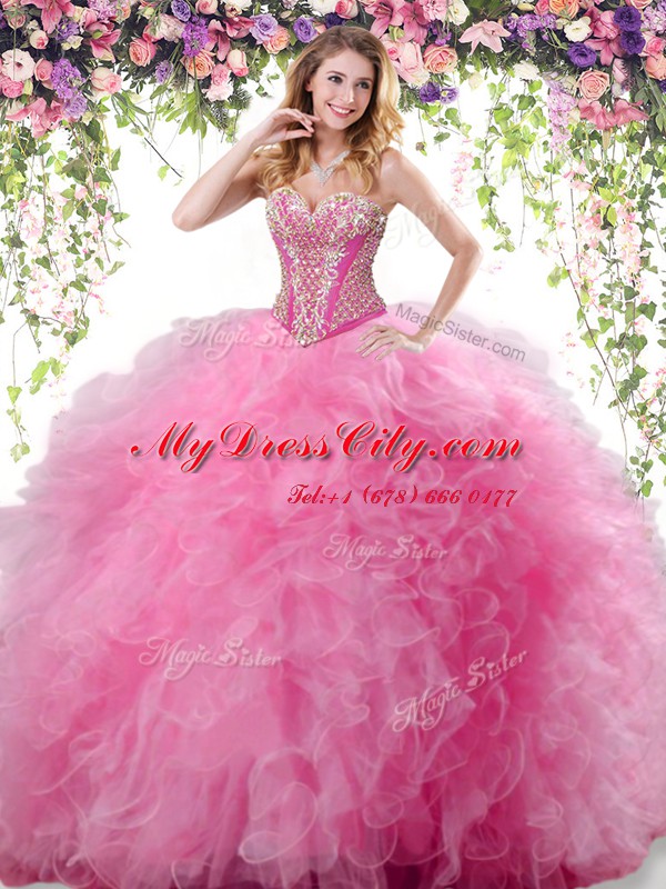 Dazzling Rose Pink Tulle Lace Up Sweet 16 Dress Sleeveless Floor Length Beading and Ruffles