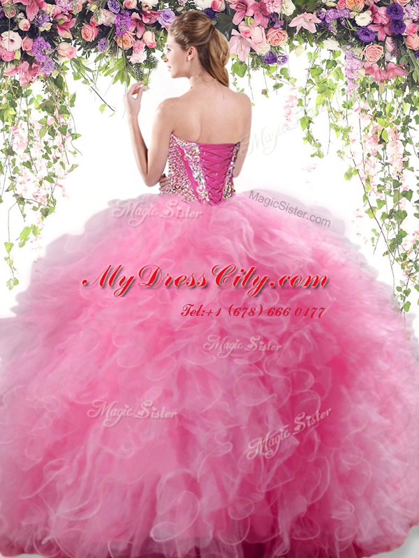 Dazzling Rose Pink Tulle Lace Up Sweet 16 Dress Sleeveless Floor Length Beading and Ruffles