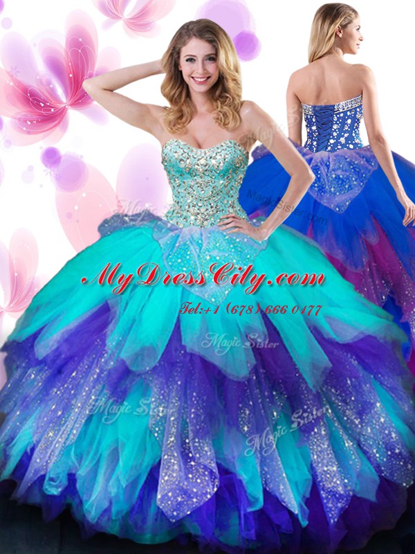 Beading and Ruffles Quinceanera Dresses Multi-color Lace Up Sleeveless Floor Length