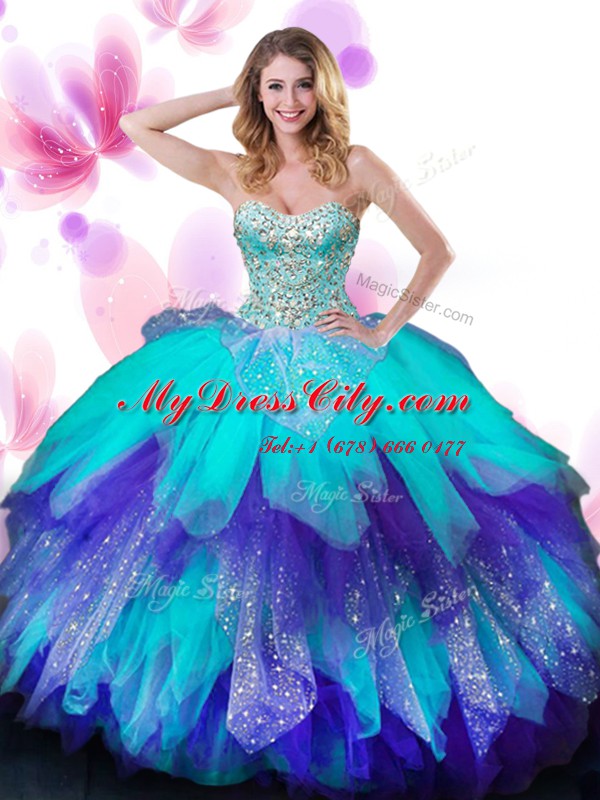 Beading and Ruffles Quinceanera Dresses Multi-color Lace Up Sleeveless Floor Length