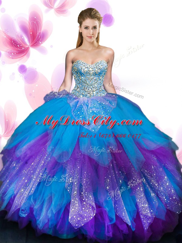 Beading and Ruffles Quinceanera Dresses Multi-color Lace Up Sleeveless Floor Length