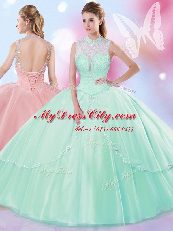 Apple Green Tulle Lace Up Sweet 16 Dresses Sleeveless Floor Length Beading