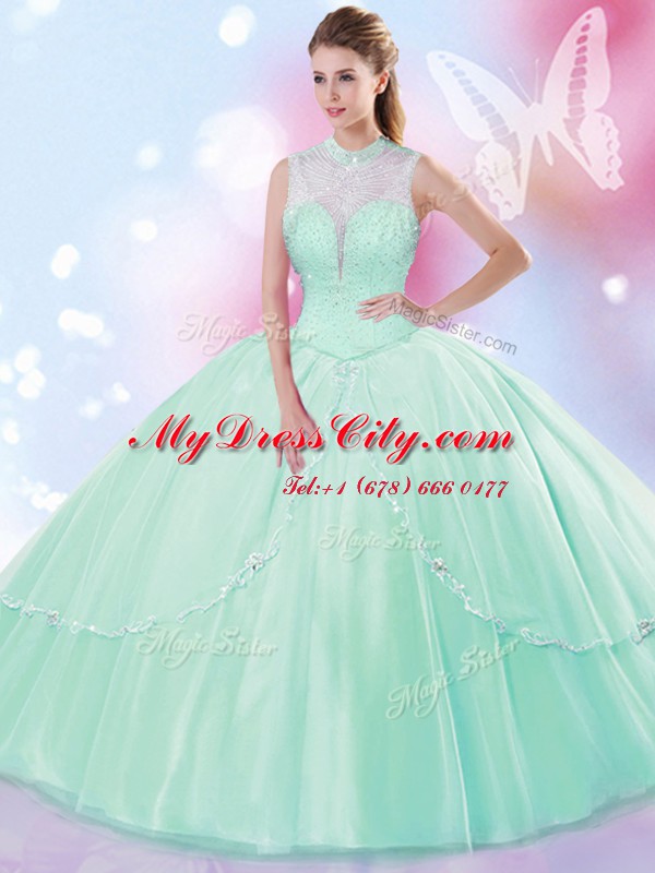 Apple Green Tulle Lace Up Sweet 16 Dresses Sleeveless Floor Length Beading