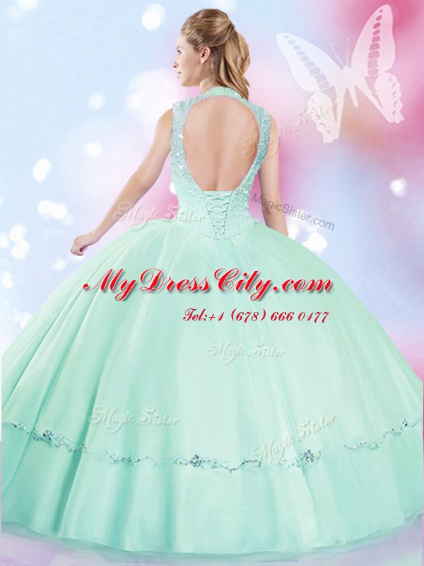 Apple Green Tulle Lace Up Sweet 16 Dresses Sleeveless Floor Length Beading