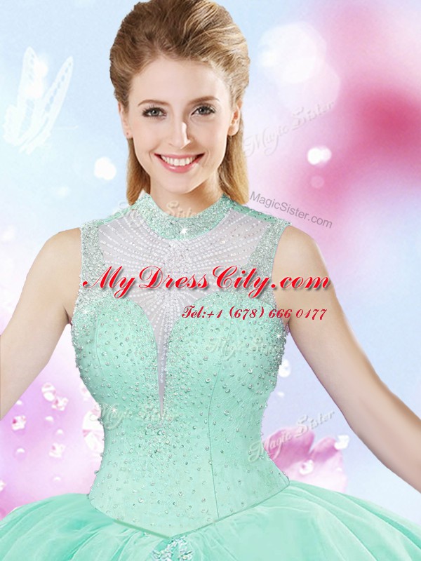 Apple Green Tulle Lace Up Sweet 16 Dresses Sleeveless Floor Length Beading