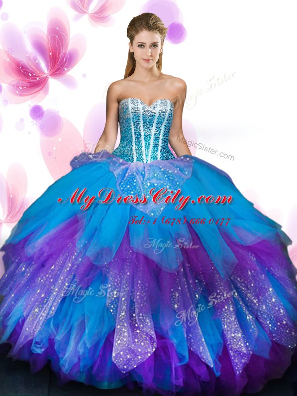 Fashion Tulle Sweetheart Sleeveless Lace Up Beading and Ruffled Layers Vestidos de Quinceanera in Multi-color