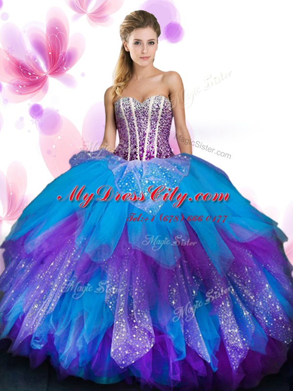 Fashion Tulle Sweetheart Sleeveless Lace Up Beading and Ruffled Layers Vestidos de Quinceanera in Multi-color