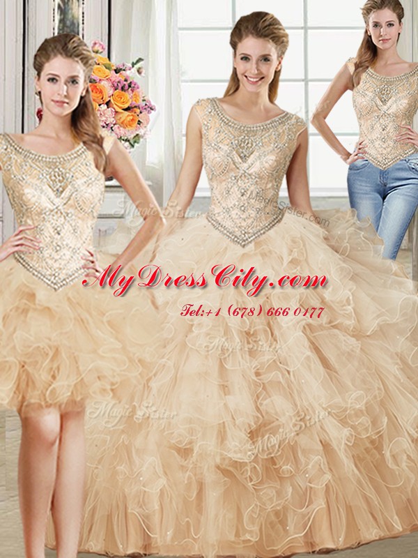 Three Piece Tulle Scoop Sleeveless Lace Up Beading and Ruffles Sweet 16 Dress in Champagne