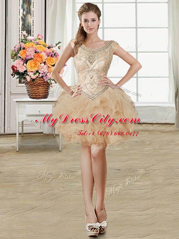 Three Piece Tulle Scoop Sleeveless Lace Up Beading and Ruffles Sweet 16 Dress in Champagne