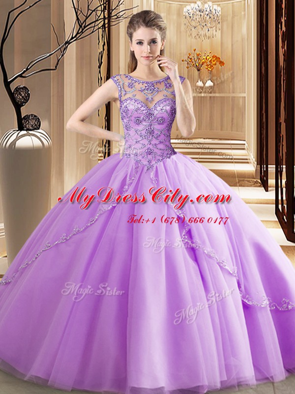 Affordable Tulle Scoop Sleeveless Brush Train Lace Up Beading Quinceanera Dress in Lavender