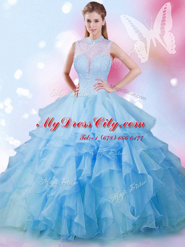 Sleeveless Lace Up Floor Length Beading and Ruffles Sweet 16 Dresses