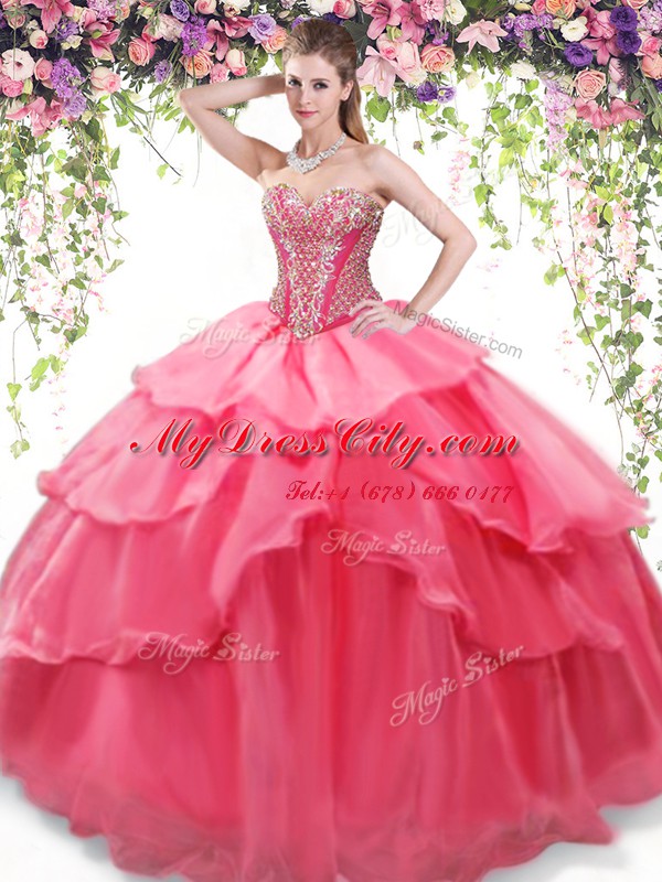 Glamorous Ruffled Ball Gowns Quinceanera Dresses Coral Red Sweetheart Organza Sleeveless Floor Length Lace Up