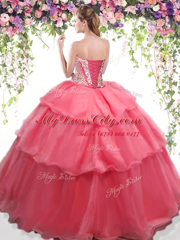 Glamorous Ruffled Ball Gowns Quinceanera Dresses Coral Red Sweetheart Organza Sleeveless Floor Length Lace Up