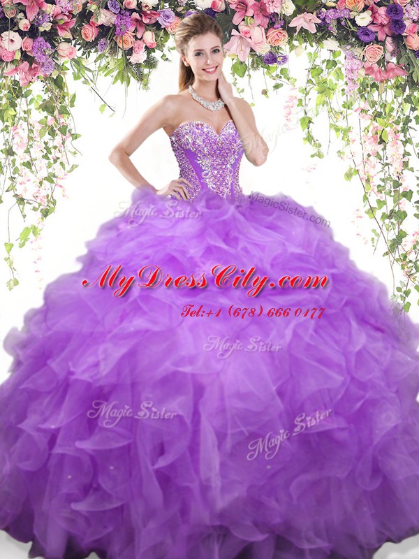 Lavender Quinceanera Dress Military Ball and Sweet 16 and Quinceanera and For with Beading and Ruffles Sweetheart Sleeveless Lace Up