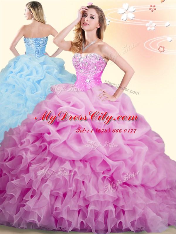 Lilac Sleeveless Brush Train Beading and Ruffles and Pick Ups With Train Quince Ball Gowns