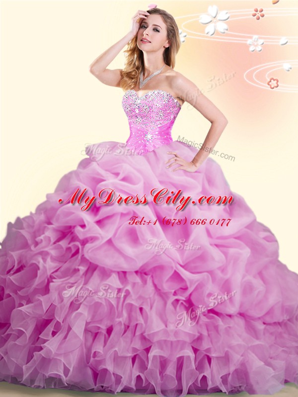 Lilac Sleeveless Brush Train Beading and Ruffles and Pick Ups With Train Quince Ball Gowns