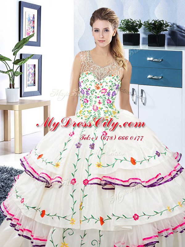 Ruffled Ball Gowns Quinceanera Gown White Scoop Organza and Taffeta Sleeveless Floor Length Lace Up