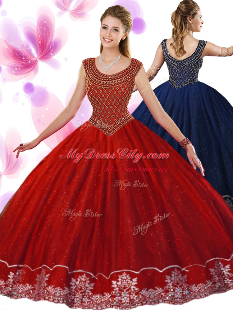 Wine Red Tulle Zipper Scoop Sleeveless Floor Length Quinceanera Dresses Beading and Appliques