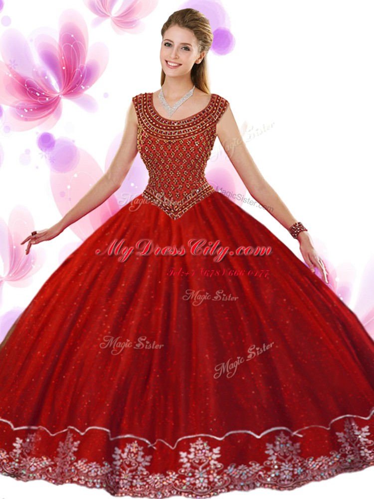 Wine Red Tulle Zipper Scoop Sleeveless Floor Length Quinceanera Dresses Beading and Appliques