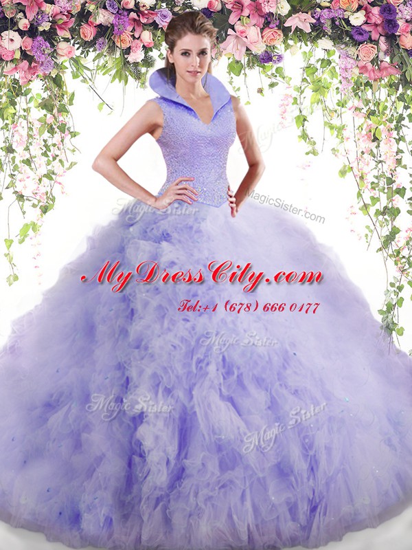 Custom Design Lavender Sweet 16 Quinceanera Dress Military Ball and Sweet 16 and Quinceanera and For with Beading and Ruffles High-neck Sleeveless Backless