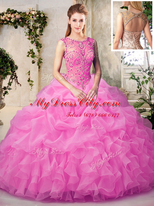 Rose Pink Scoop Neckline Beading and Ruffles and Pick Ups 15th Birthday Dress Sleeveless Lace Up