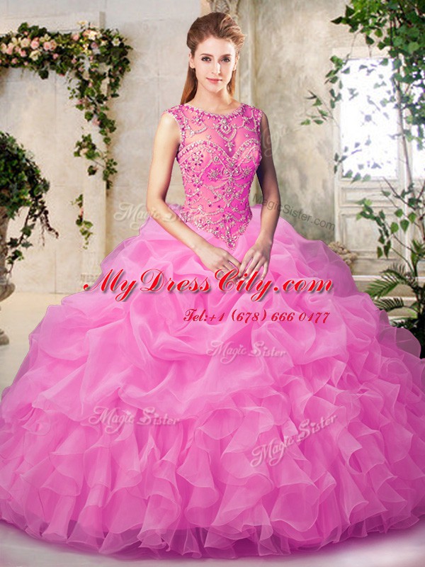 Rose Pink Scoop Neckline Beading and Ruffles and Pick Ups 15th Birthday Dress Sleeveless Lace Up