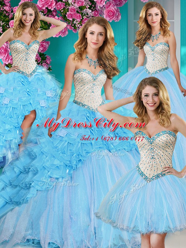 Noble Four Piece With Train Baby Blue Quince Ball Gowns Sweetheart Sleeveless Brush Train Lace Up