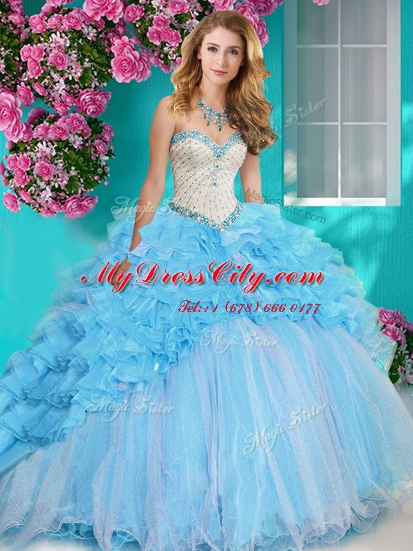 Noble Four Piece With Train Baby Blue Quince Ball Gowns Sweetheart Sleeveless Brush Train Lace Up