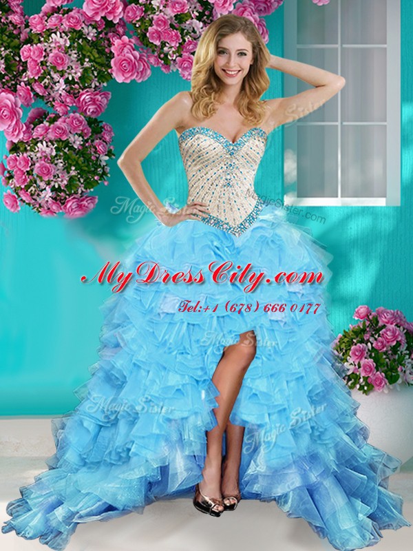 Noble Four Piece With Train Baby Blue Quince Ball Gowns Sweetheart Sleeveless Brush Train Lace Up