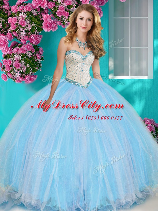 Noble Four Piece With Train Baby Blue Quince Ball Gowns Sweetheart Sleeveless Brush Train Lace Up