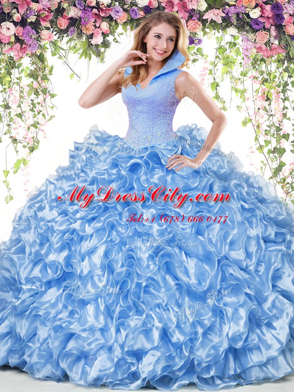 Eye-catching Blue Backless Quince Ball Gowns Beading and Ruffles Sleeveless Floor Length