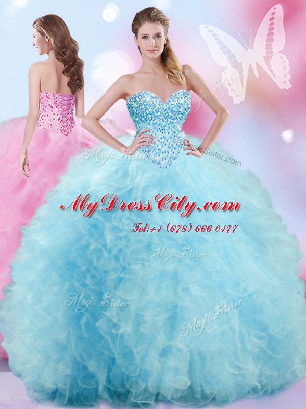 Baby Blue Tulle Lace Up 15 Quinceanera Dress Sleeveless Floor Length Beading and Ruffles