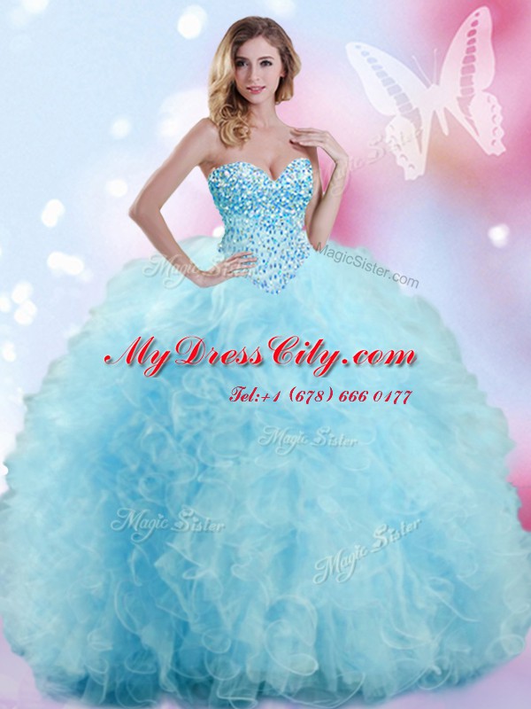 Baby Blue Tulle Lace Up 15 Quinceanera Dress Sleeveless Floor Length Beading and Ruffles