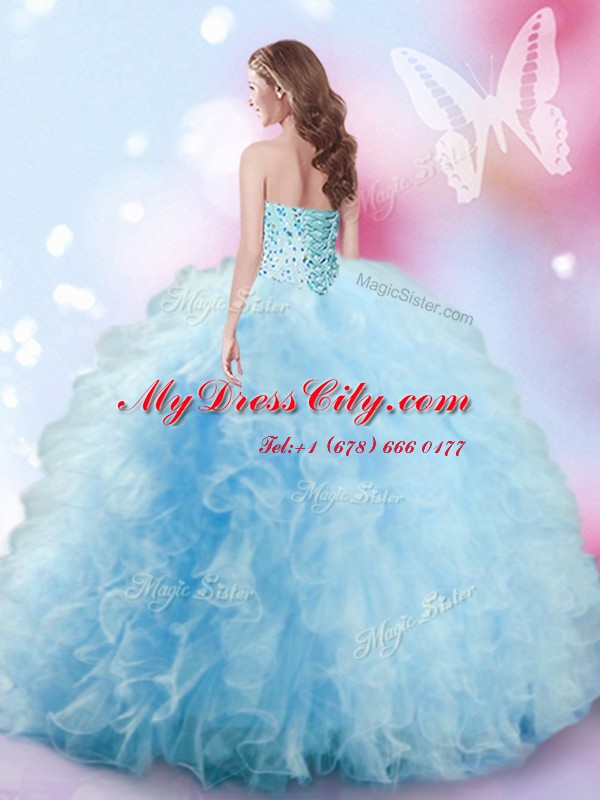 Baby Blue Tulle Lace Up 15 Quinceanera Dress Sleeveless Floor Length Beading and Ruffles