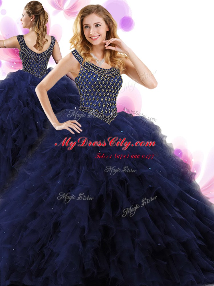 Pretty Scoop Sleeveless Floor Length Beading and Ruffles Zipper 15th Birthday Dress with Navy Blue