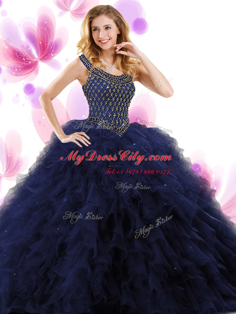 Pretty Scoop Sleeveless Floor Length Beading and Ruffles Zipper 15th Birthday Dress with Navy Blue