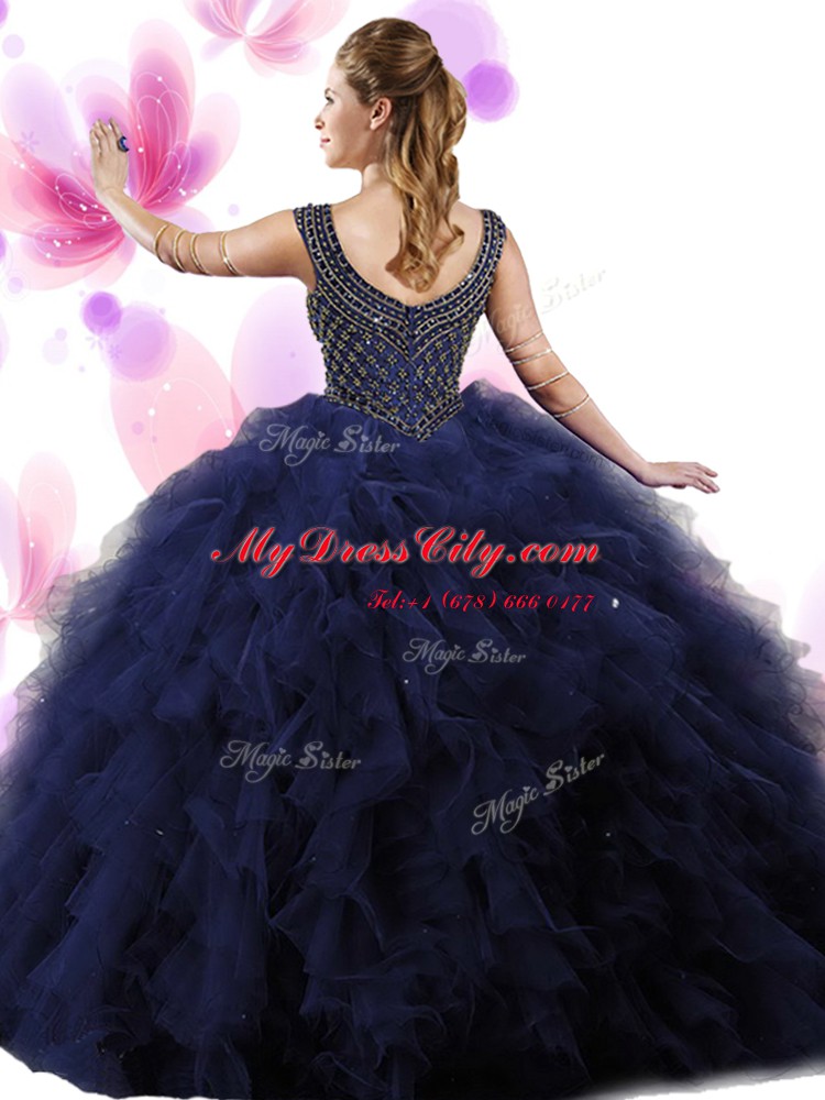 Pretty Scoop Sleeveless Floor Length Beading and Ruffles Zipper 15th Birthday Dress with Navy Blue