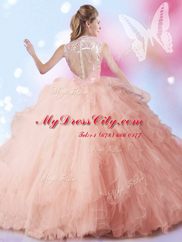 Elegant Sequins Ball Gowns Sweet 16 Dresses Peach High-neck Tulle Sleeveless Floor Length Zipper