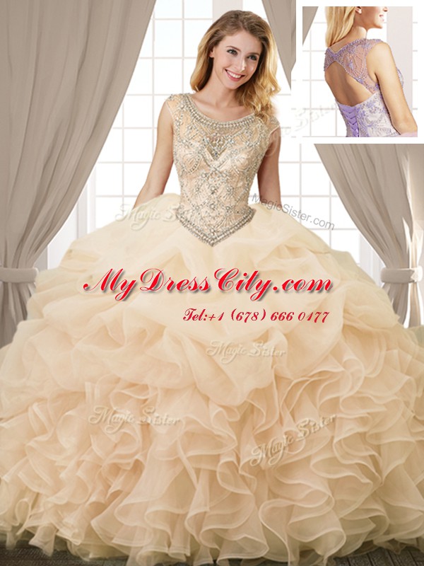 Champagne Scoop Neckline Beading and Ruffles and Pick Ups Vestidos de Quinceanera Sleeveless Lace Up