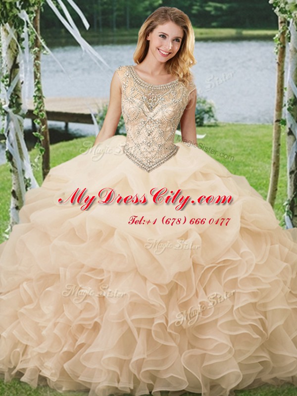 Champagne Scoop Neckline Beading and Ruffles and Pick Ups Vestidos de Quinceanera Sleeveless Lace Up