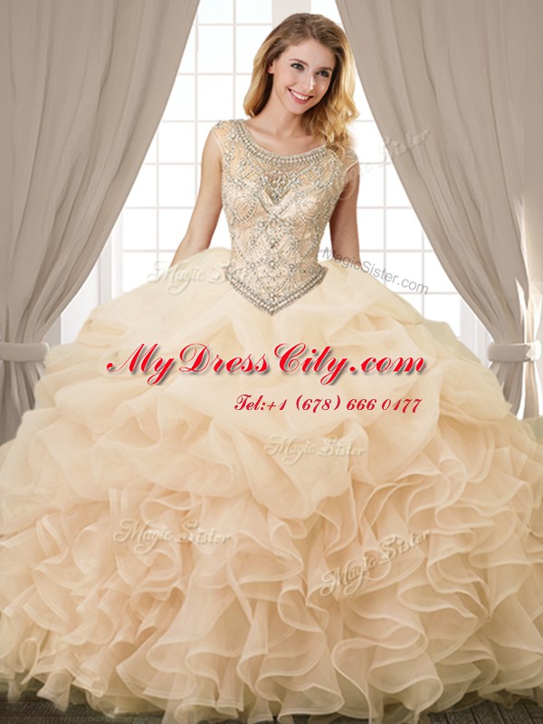 Champagne Scoop Neckline Beading and Ruffles and Pick Ups Vestidos de Quinceanera Sleeveless Lace Up