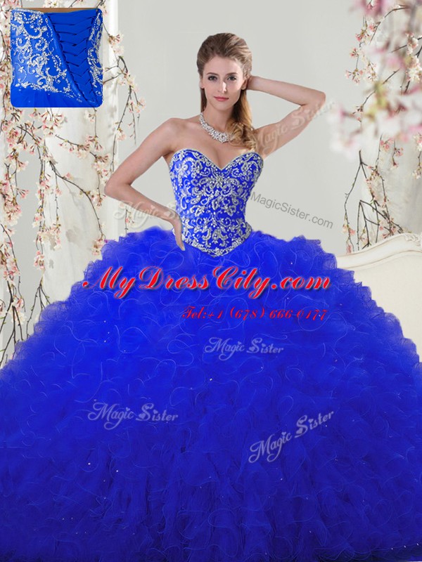 High End Royal Blue Tulle Lace Up Sweetheart Sleeveless Floor Length 15 Quinceanera Dress Beading and Appliques